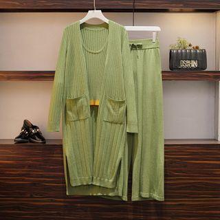 Set: Knit Tank Top + Long Cardigan + Wide-leg Pants