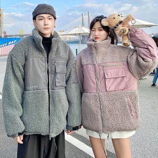 Couple Matching Lettering Fleece Panel Zipped Jacket