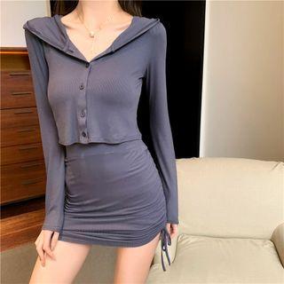 Set: Cropped Hooded Button Jacket + Drawstring Mini Fitted Skirt