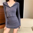 Set: Cropped Hooded Button Jacket + Drawstring Mini Fitted Skirt