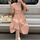 Short-sleeve Contrast Trim Midi A-line Dress Pink - One Size