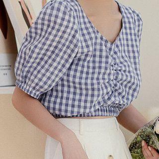 Gingham Puff-sleeve Shirred Cropped Blouse Plaid - Blue - One Size