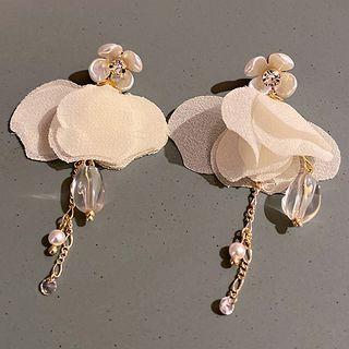 Flower Petal Rhinestone Faux Pearl Fringed Earring