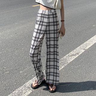 High-waist Plaid Two Tone Straight-cut Pants