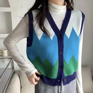 Color Panel V-neck Knit Vest