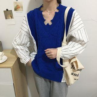 Mock Two-piece V-neck Knit Panel Striped Shirt