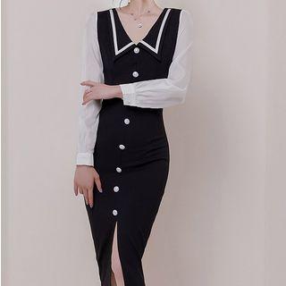 Long-sleeve Contrast Trim Paneled Buttoned Midi Sheath Dress