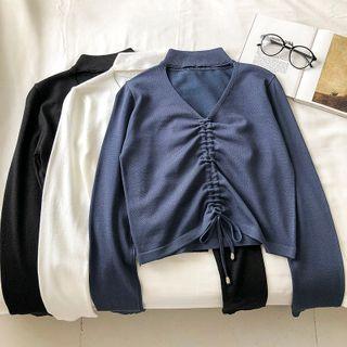 Plain V-neck Drawstring Long-sleeve Knit Top
