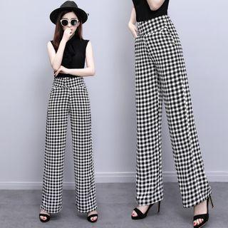 Gingham High-waist Wide-leg Pants