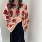 Flower Knit Round-neck Sweater / Velvet Accordion Pleat Semi Midi Skirt