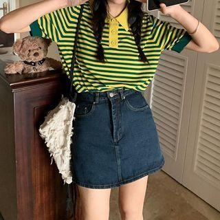 Short-sleeve Striped Knit Top / High-waist Denim A-line Skort