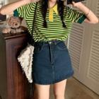 Short-sleeve Striped Knit Top / High-waist Denim A-line Skort