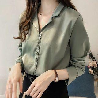 Long-sleeve Lapel Plain Button-up Satin Shirt