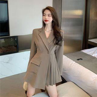 Lapel Collar Double-button Pleated Mini Dress