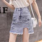 Frayed Hem Letter Cutout A-line Mini Denim Skirt