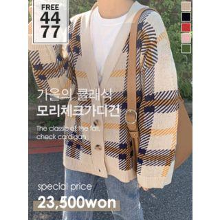 Drop-shoulder Plaid Boxy Cardigan