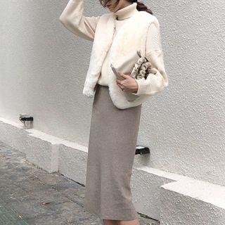 Furry Vest / Turtleneck Sweater / High Waist Knit Skirt