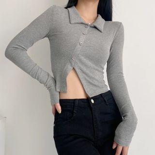 Long Sleeve Collar Irregular-hem Crop Top