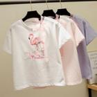 Embroidered Flamingo Print Short-sleeve T-shirt