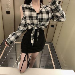 Long-sleeve Off-shoulder Plaid Shirt / Spaghetti-strap Drawstring Dress