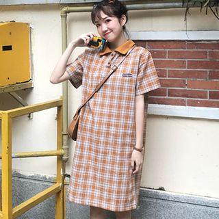 Short-sleeve Plaid Collared T-shirt Dress