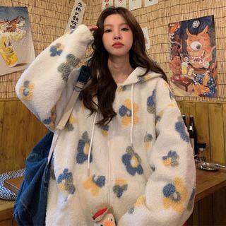 Floral Print Fleece Zip-up Hoodie