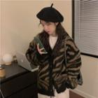 Long Sleeve V-neck Zebra Pattern Fluffy Cardigan Cardigan - Zebra - One Size