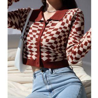 Long-sleeve Plaid Cardigan Brown - One Size