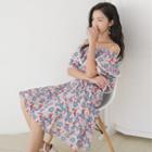 Elbow-sleeve Off-shoulder Floral Print Ruffled Dress