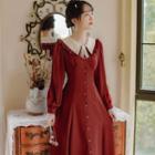 Long-sleeve Wide-collar Mock-tie Midi A-line Dress
