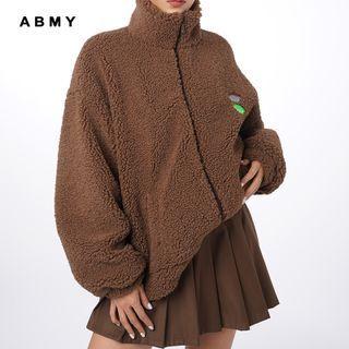 Turtleneck Lettering Faux Shearling Zip Oversize Jacket