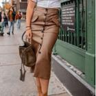Faux Leather Buttoned Midi Skirt
