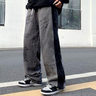 Graphic Print Contrast Trim Straight Leg Jeans