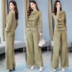 Set: Long-sleeve Button-up Faux Suede Top + Wide-leg Pants