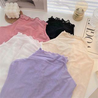 Long-sleeve Mock-neck Ruffle-trim Top