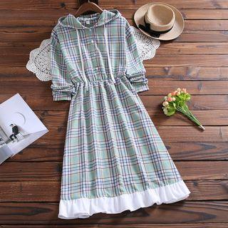Long-sleeve Hooded Plaid Midi A-line Dress