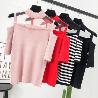 Mesh-panel Off-shoulder Knit Top