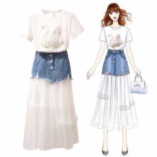 Set: Swan Detail Short-sleeve T-shirt + Mock Two-piece Mesh Midi A-line Skirt