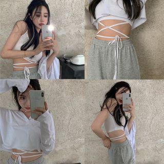 Set: Plain Crop Hoodie + Camisole Top White - One Size