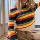 Long Sleeve High-neck Striped Crop Sweater