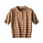 Short-sleeve Polo-neck Lettering Knit Top