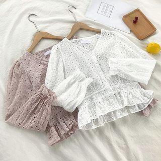 Cut Out Ruffled-trim Flare-sleeve Top