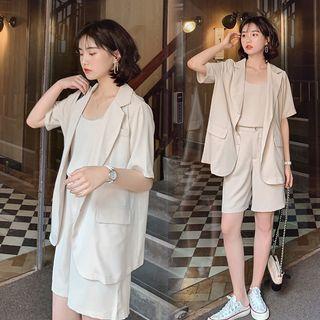 Set: Chiffon Short-sleeve Blouse + Camisole Top + Shorts