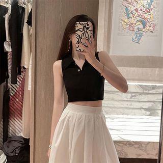 Sleeveless Open Collar Crop Top Black - One Size