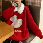 Contrast Fleece Collar Bear Sweater