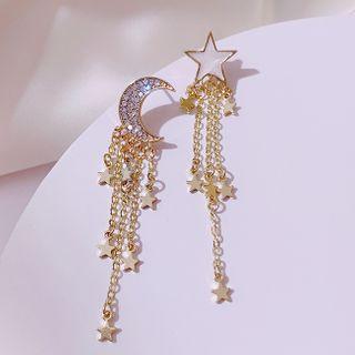 Asymmetric Dangle Earring 1 Pair - Asymmetry Star & Moon Silver Earring - One Size