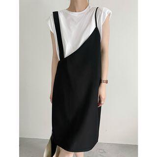 Set: Cap-sleeve T-shirt + Midi A-line Overall Dress