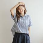 Rollup-sleeve Stripe Linen Shirt