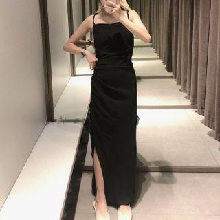 Drawstring Spaghetti Strap Midi Sheath Dress