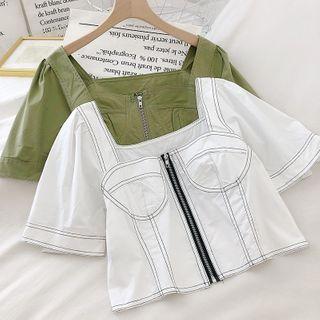 Square Neck Short-sleeve Zip Crop Top
